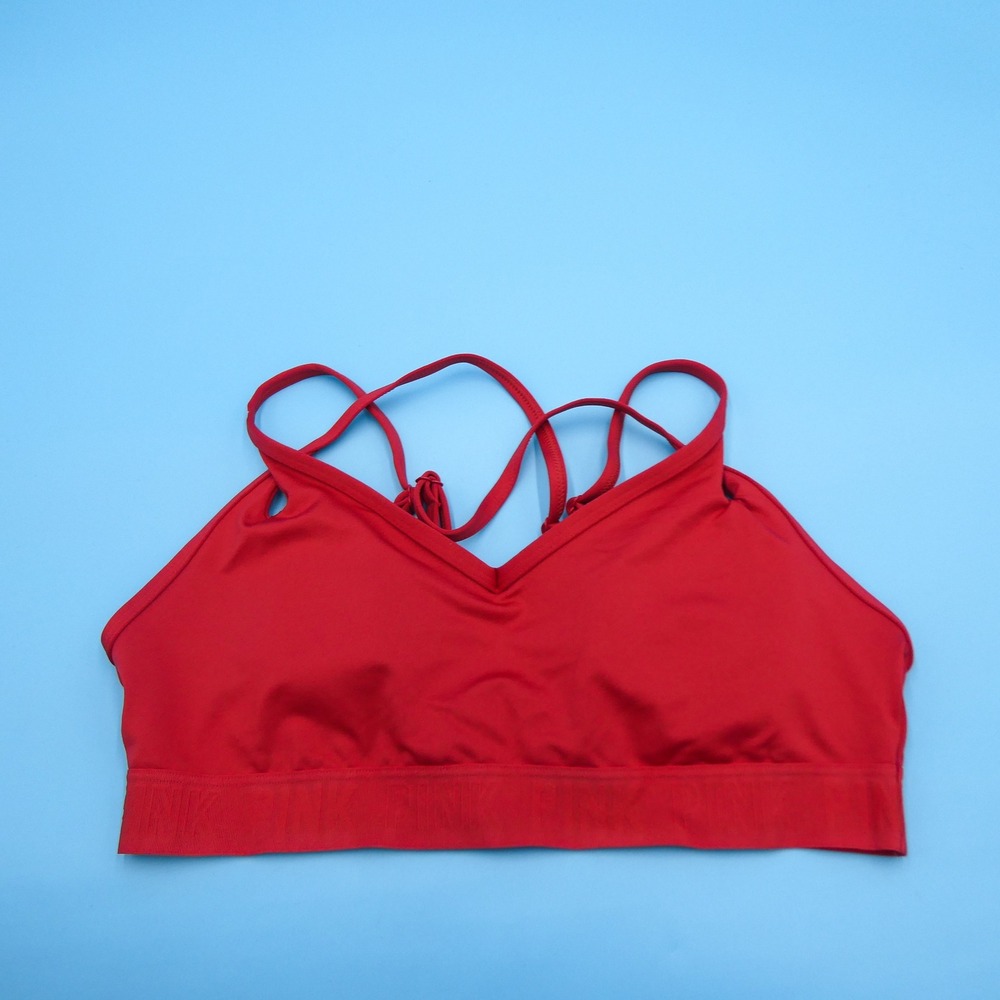 PINK Sports Bra Womens‎ Large Ultimate Lightly Lined Red Strappy Active Nylon